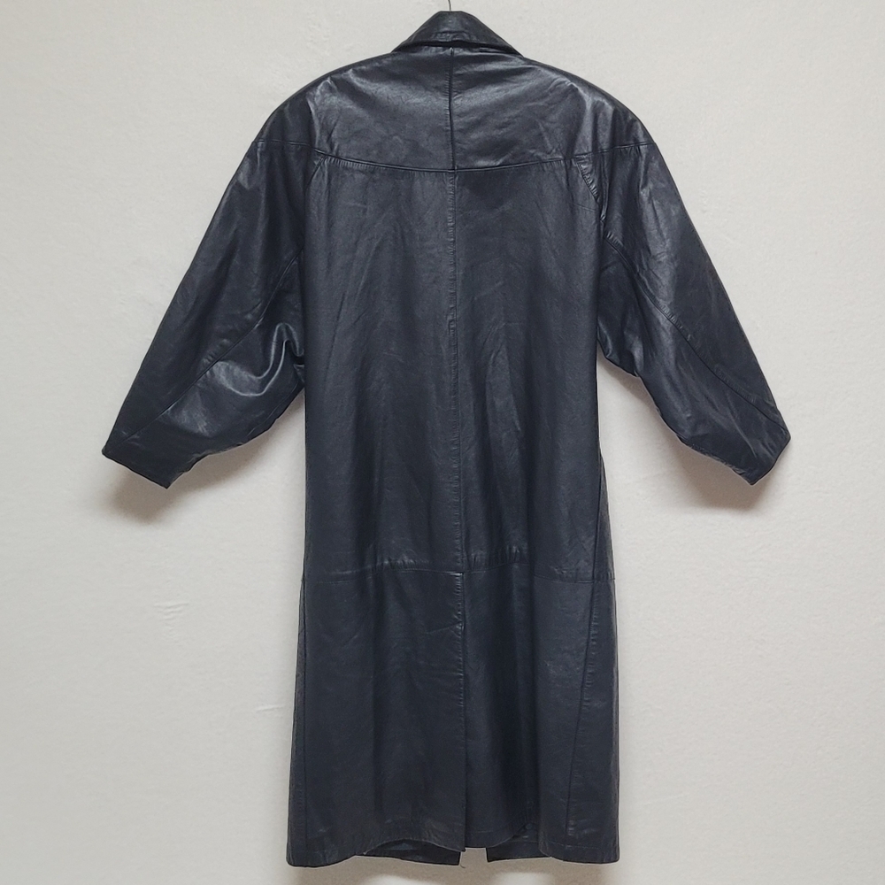 80s Vintage BKE Black Leather Longline Dolman Sleeve Oversized Trench Coat 7/8 - Picture 9 of 14
